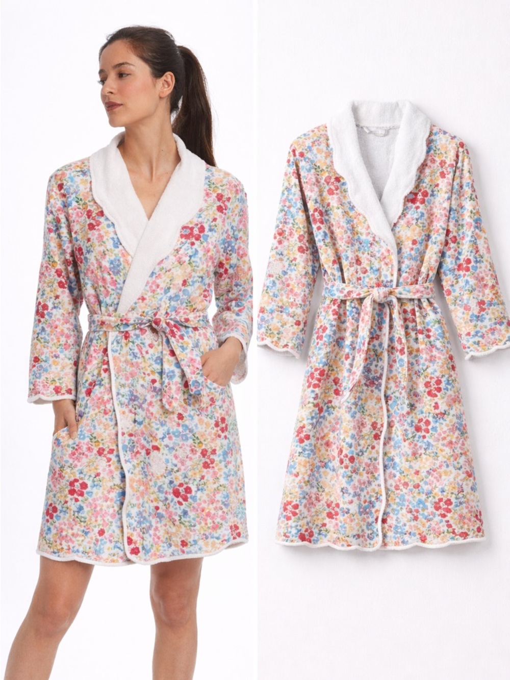 Mark & Graham Scalloped Terry Bath Robe towel Multicolor Floral print XS S